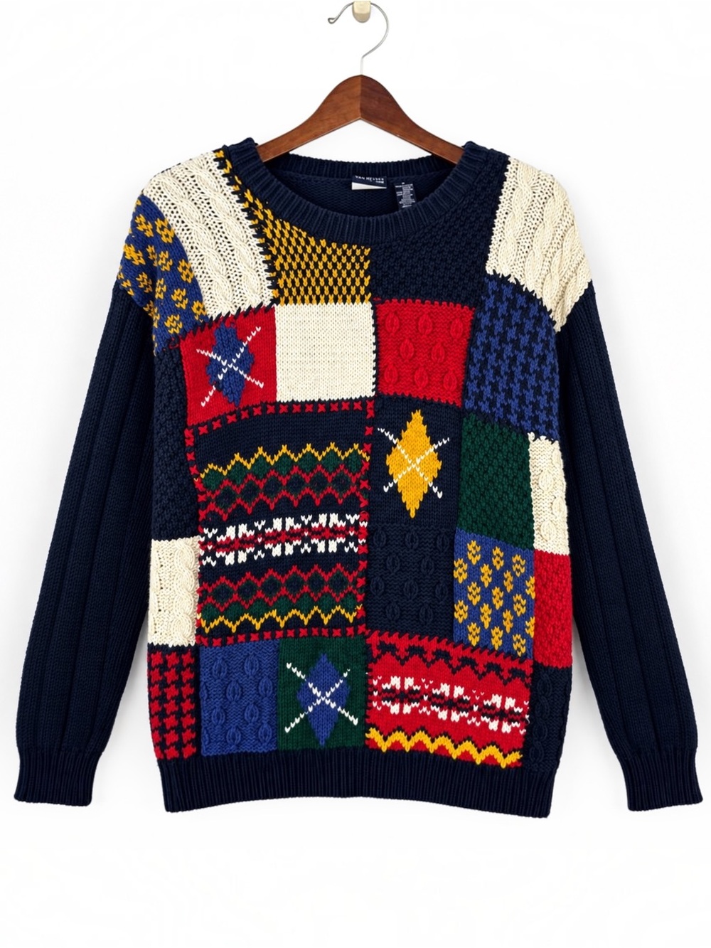 Vintage 90s LizSport Hand Knit Patchwork Cotton Sweater M